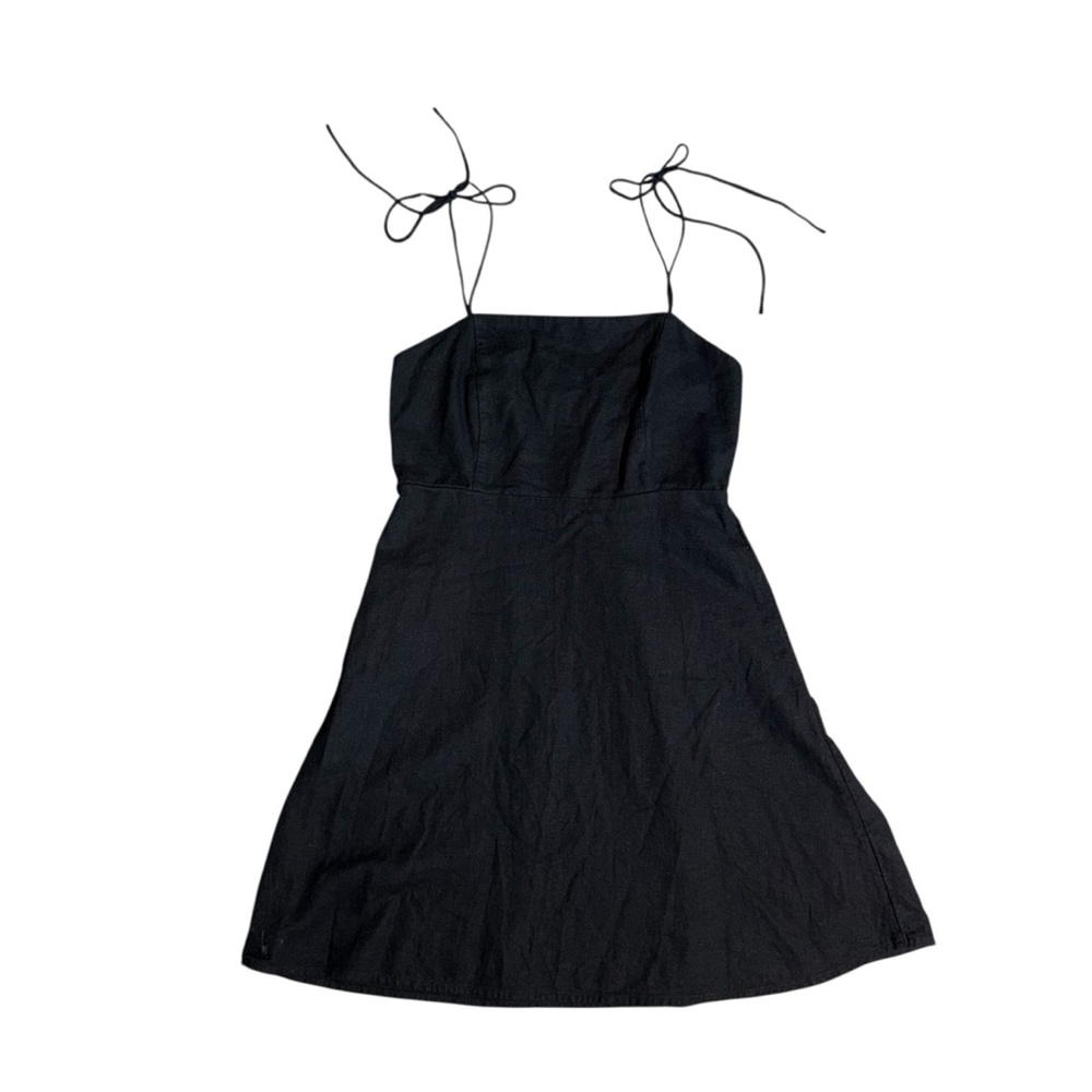 Black Linen Whimsy Goth Mini Little Dress with Spaghetti Tie Straps Side Pockets